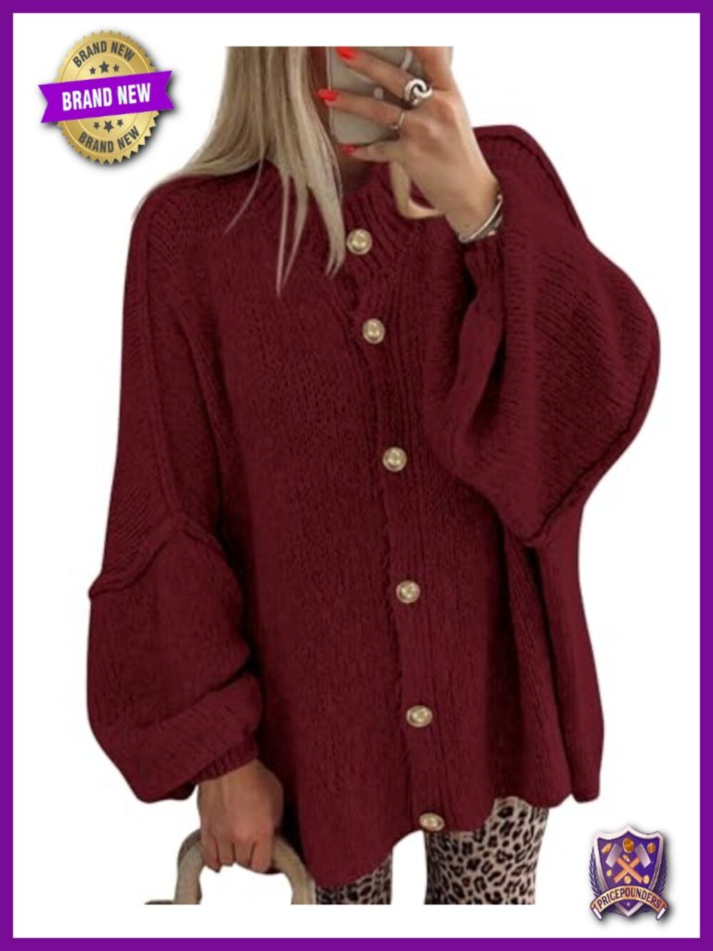 Oversized Open Front Cardigan Lantern Sleeve Button Down Knit Sweater